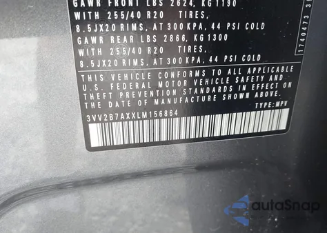 2020 Volkswagen Tiguan 2.0T Se/2.0T Se R-Line Black/2.0T Sel z USA, uszkodzony, nr VIN 3VV2B7AXXLM156864